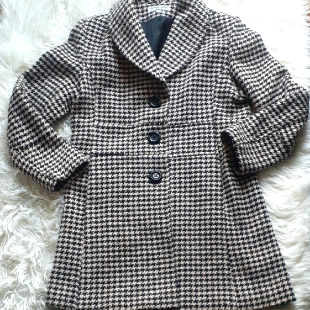 Vtg Jonathan Michael Cream & Black Houndstooth Mixed Wool Pea Coat Size 14